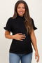 Black Solid Puff Knit Mock Neck Maternity Top