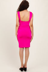 Hot Pink Square Neck Ruched Midi Dress
