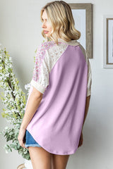Lavender Floral Lace Inset Short Sleeve Top
