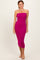 woman wearing a magenta strapless midi dress with a fitted silhouette and a subtle ribbed texture