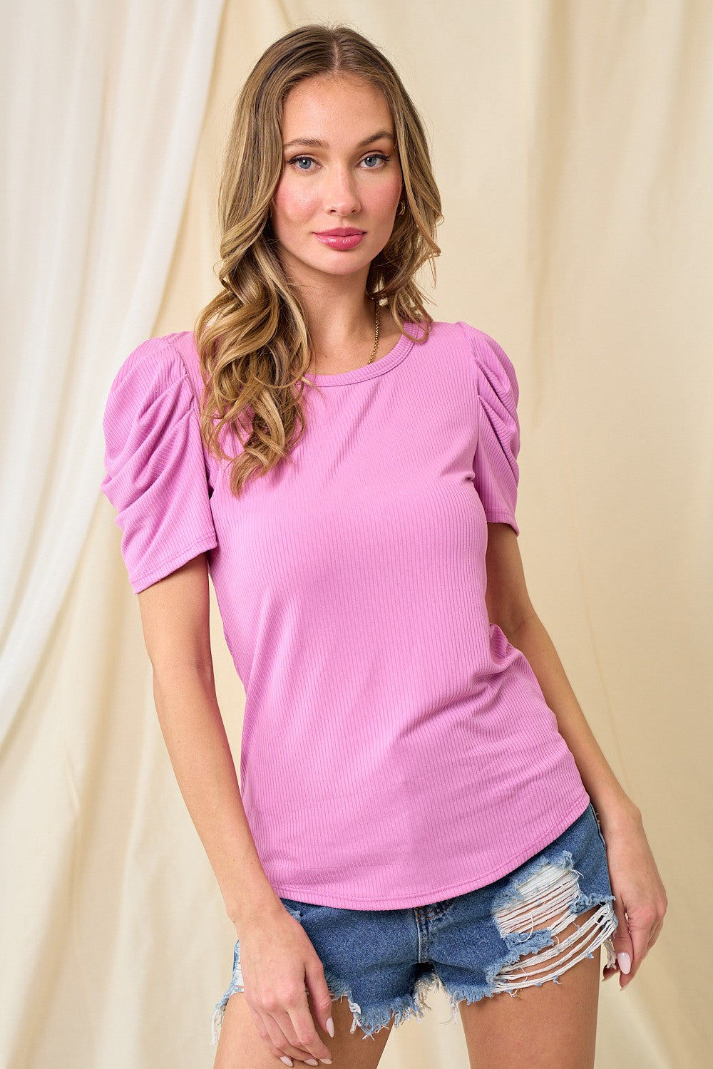Lavender Ribbed Ruched Short Sleeve Maternity Top