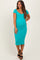 woman wearing a teal maternity dress with short sleeves and a scoop neckline, showing her baby bump