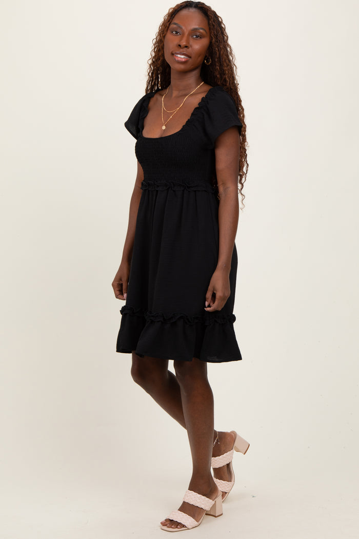 Black Smocked Ruffle Detail Mini Dress