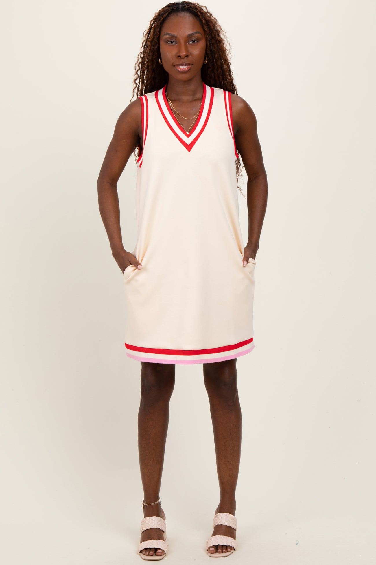 Cream Sleeveless Border Detail V-Neck Mini Dress