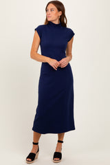 Navy Mock Neck Short Sleeve Maternity Midi Dress