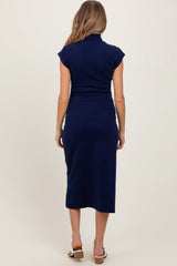 Navy Mock Neck Short Sleeve Maternity Midi Dress