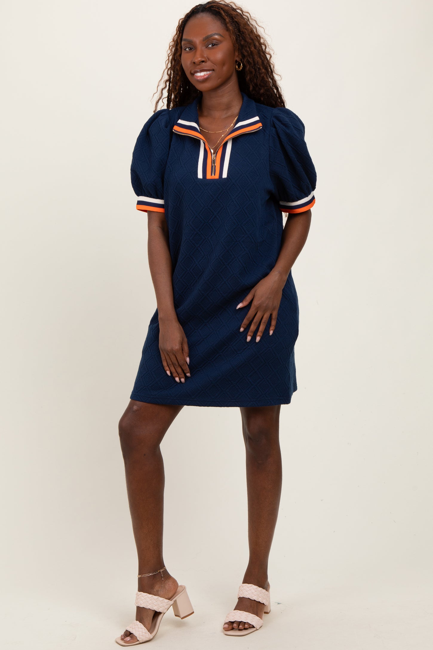 Navy Jacquard Zipper Collar Mini Dress