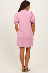 Pink Jacquard Zipper Collar Maternity Mini Dress