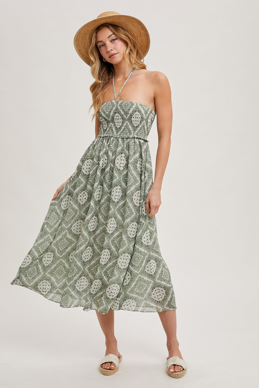 Green Printed Smocked Halter Maternity Midi Dress