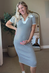 Ivory Striped Knit Collared Maternity Midi Dress