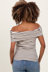 Beige Off The Shoulder Striped Maternity Top