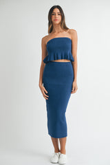 Navy Strapless Ribbed Knit Peplum Top Midi Skirt Set
