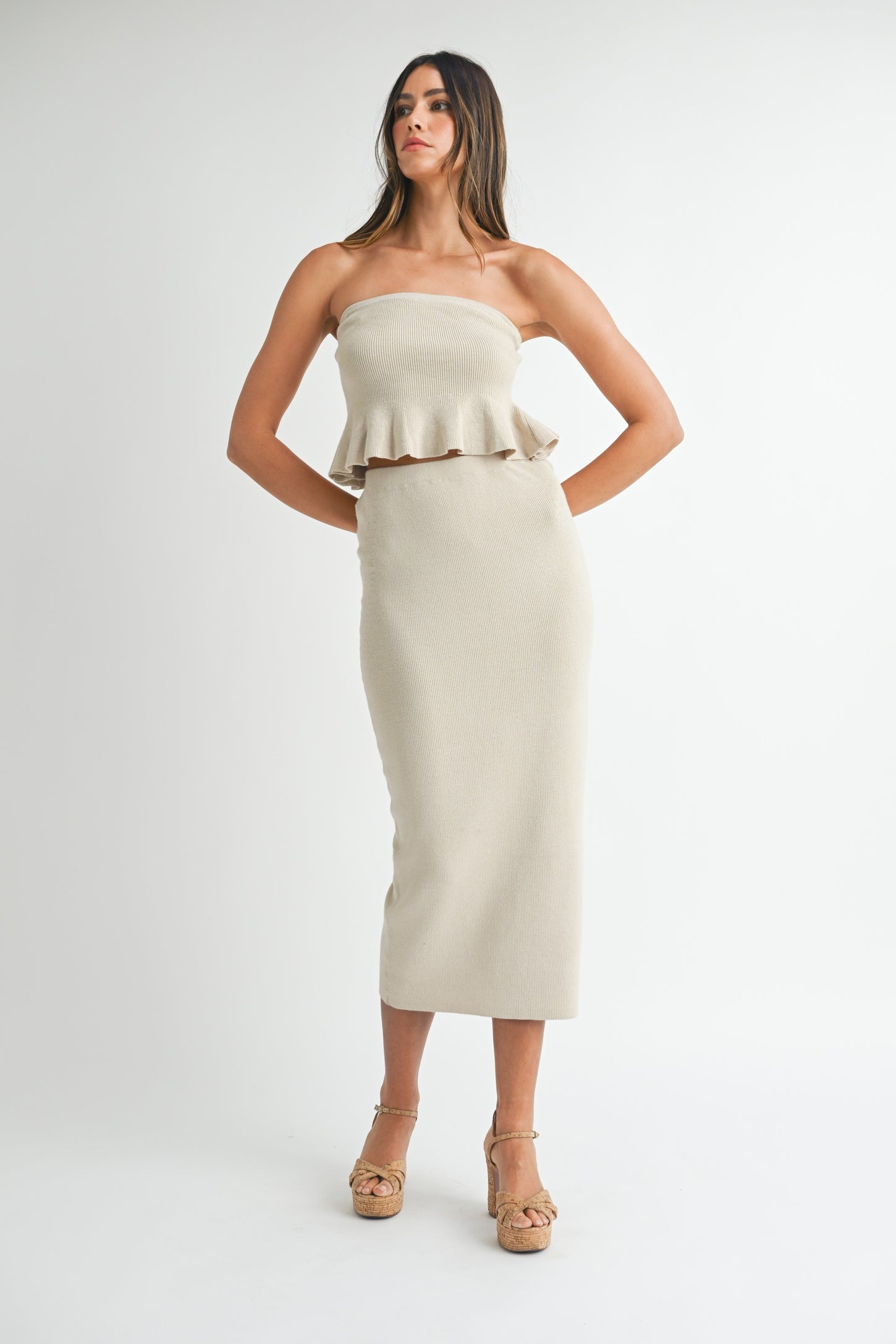 Cream Strapless Ribbed Knit Peplum Top Midi Skirt Set