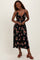 Black Rose Print Twist Front Cutout Midi Dress