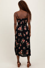 Black Rose Print Twist Front Cutout Midi Dress