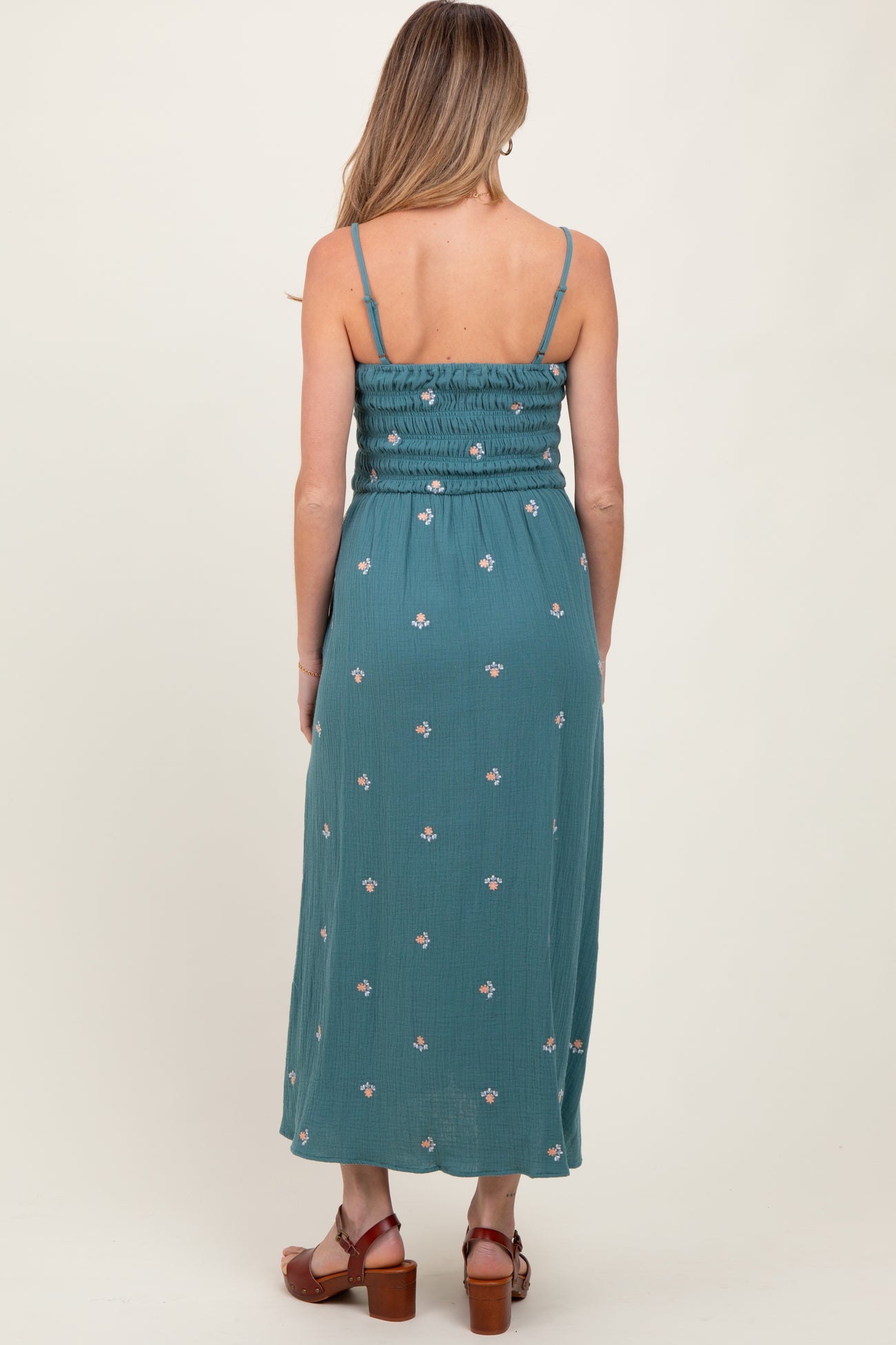 Light Teal Embroidered Floral Smocked Maternity Midi Dress