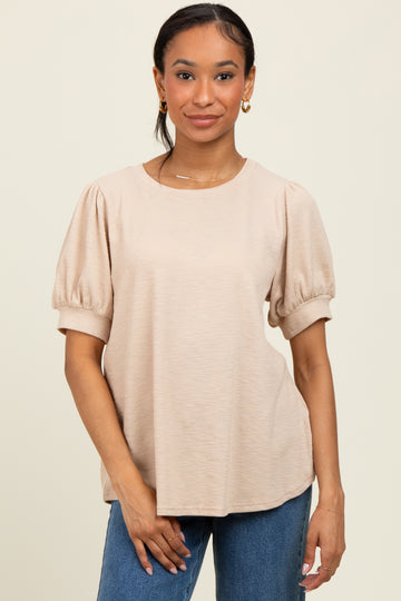 Beige Ribbed Puffed Sleeve Top