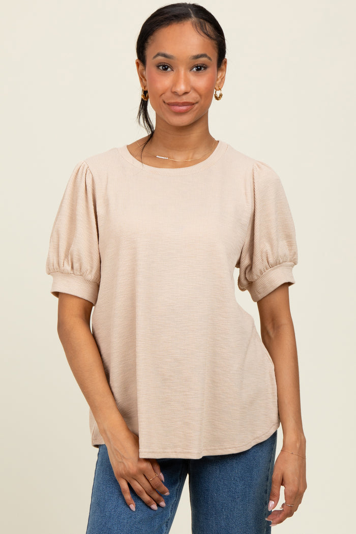 Beige Ribbed Puffed Sleeve Top