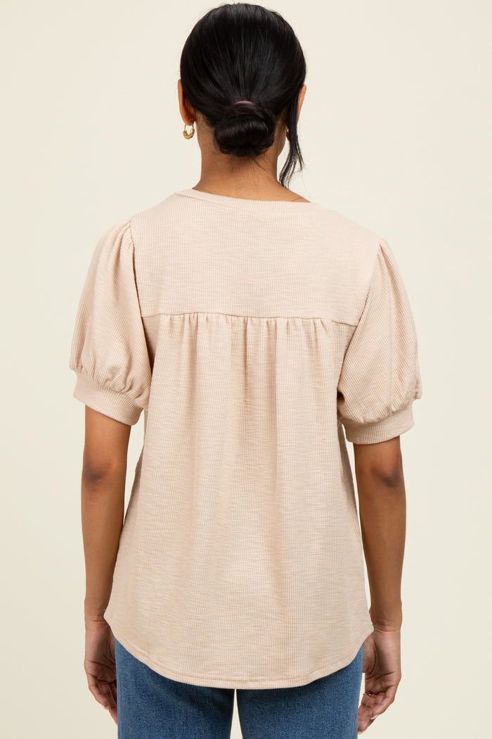 Beige Ribbed Puffed Sleeve Top