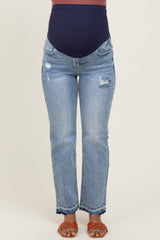 Light Blue Distressed Raw Hem Maternity Ankle Straight Leg Jeans
