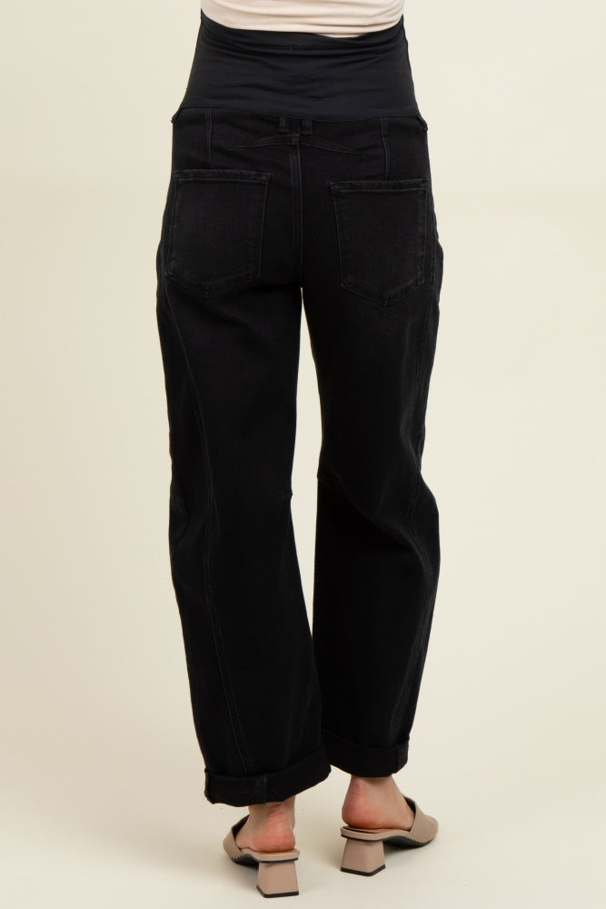maternity wear black high-waisted jeans with a stretchy waistband, shown from the back with a relaxed fit