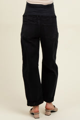 maternity wear black high-waisted jeans with a stretchy waistband, shown from the back with a relaxed fit
