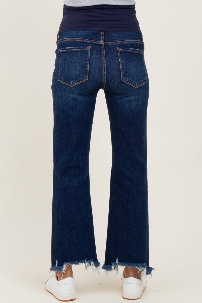Navy Distressed Hem Cropped Bootcut Maternity Jeans