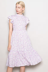 Pink Floral Mock Neck Smocked Ruffe Sleeve Midi Dress