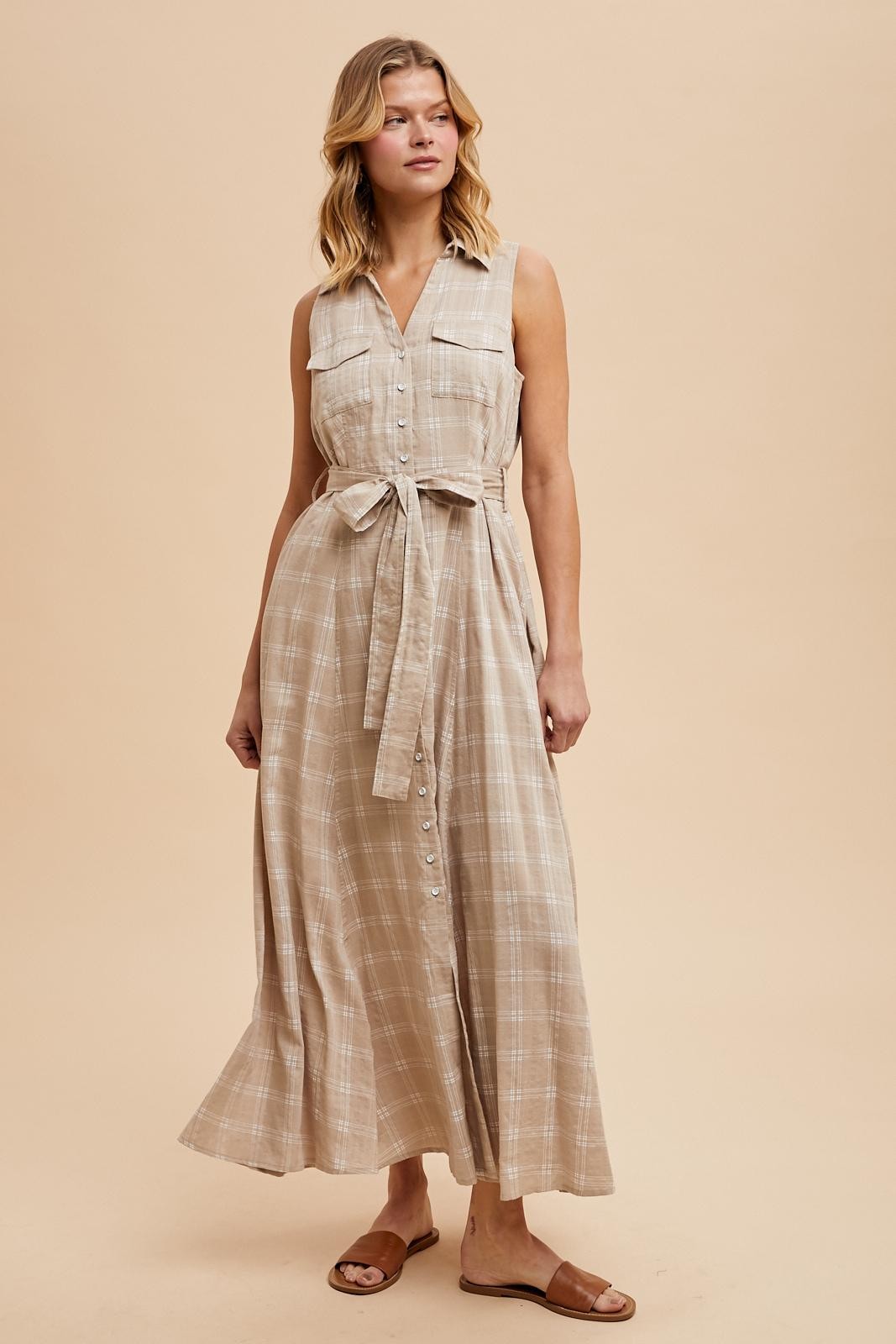 Beige Plaid Sleeveless Sash Tie Maternity Shirt Dress