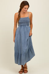 Blue Chambray Smocked Midi Dress