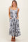 Black Floral Shoulder Tie Striped Trim Midi Dress