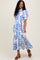 Blue Leaf Print Scallop Trim Midi Shirt Dress