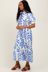 Blue Leaf Print Scallop Trim Midi Shirt Dress