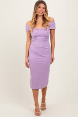 Lavender Off Shoulder Fitted Midi Dress