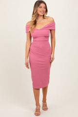 Mauve Off Shoulder Fitted Maternity Midi Dress