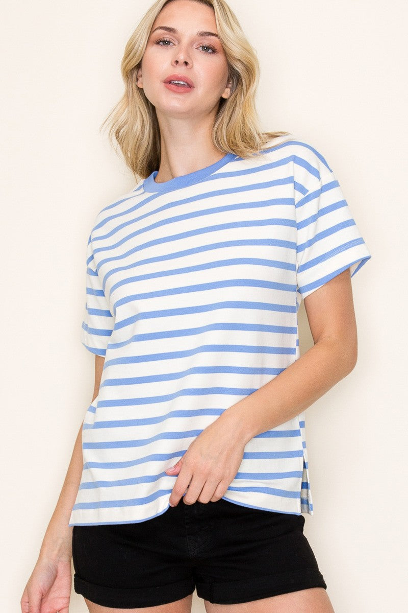 Blue Striped Terry Short Sleeve Top