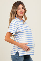 Blue Striped Terry Maternity Short Sleeve Top