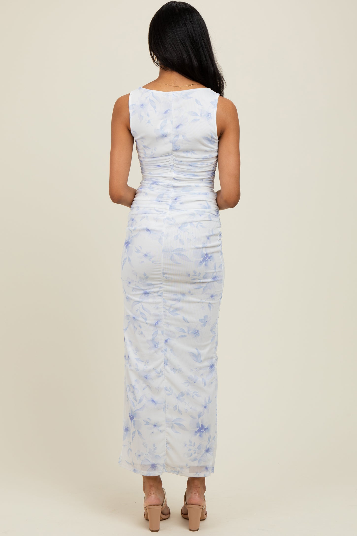 Ivory Floral Ruched Side Slit Midi Dress