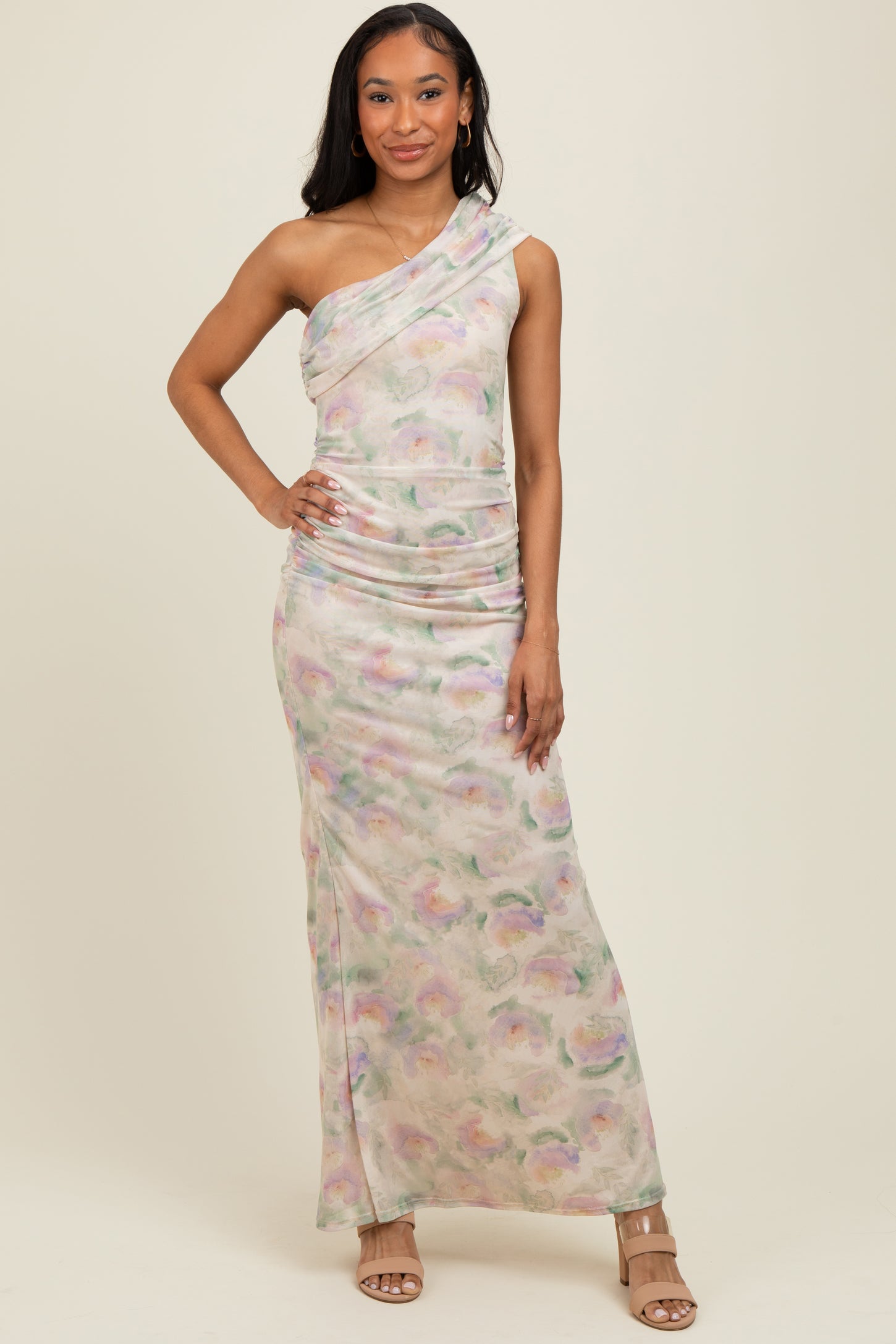 Cream One Shoulder Ruched Maternity Maxi Dress