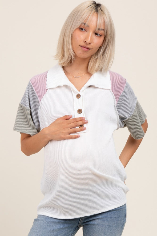 Ivory Solid Ribbed Color Block Button Down Short Sleeve Maternity Top