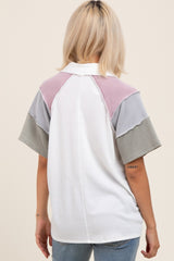 Ivory Solid Ribbed Color Block Button Down Short Sleeve Maternity Top