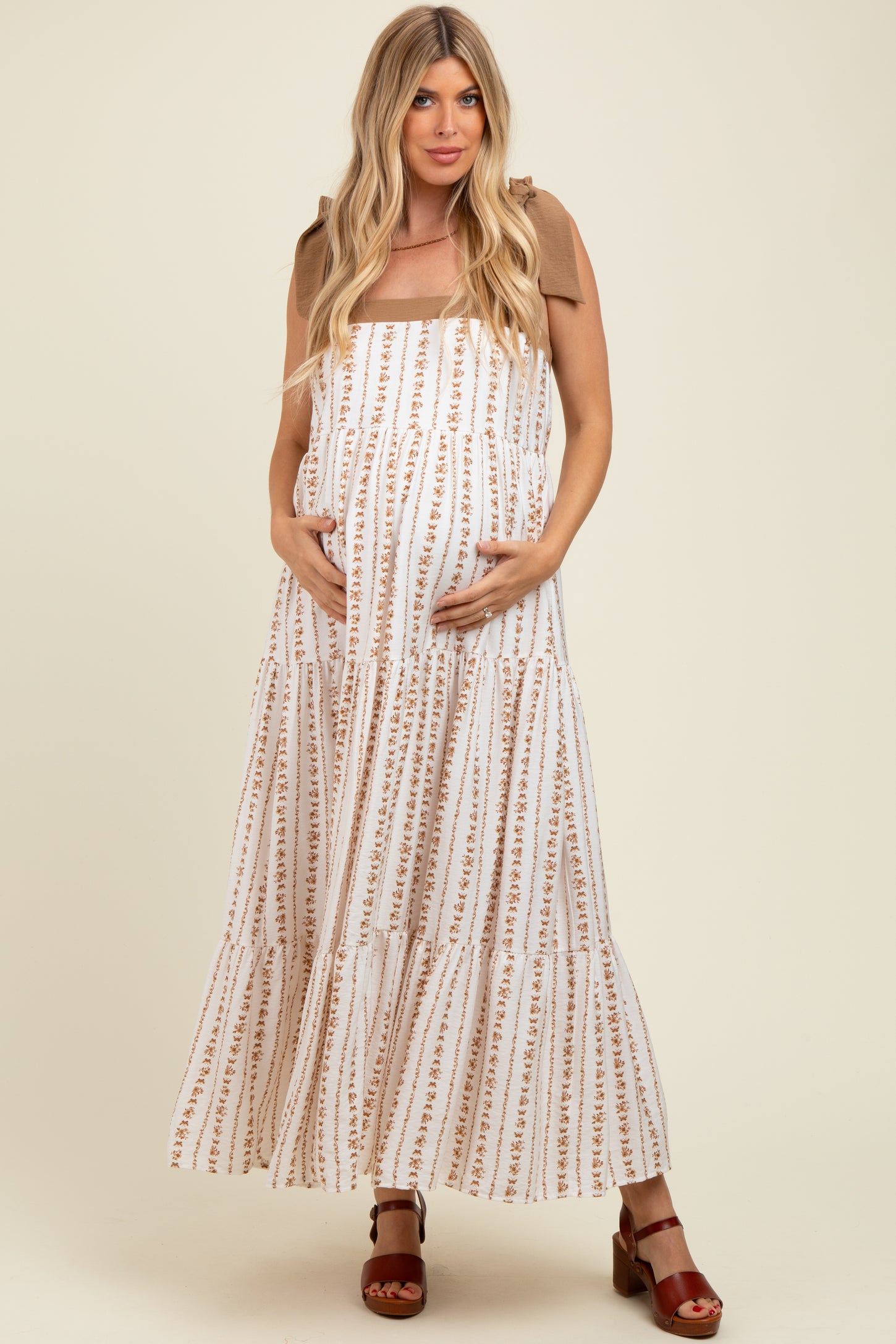 Mocha/White Ditzy Floral Sleeveless Tiered Maternity Maxi Dress