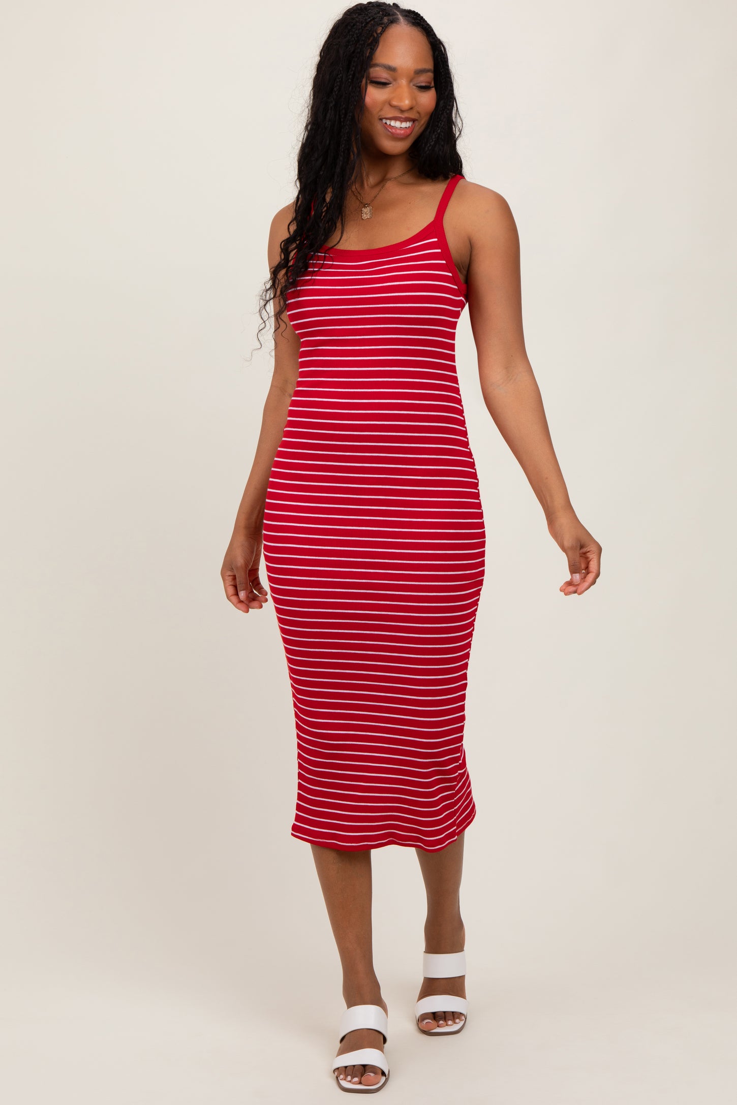Red Striped Thin Strap Fitted Midi Dress