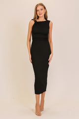 Black Textured Shoulder Detail Midi Dress