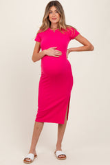 Fuchsia Crew Neck Bubble Knit Ribbed Maternity Midi Dress