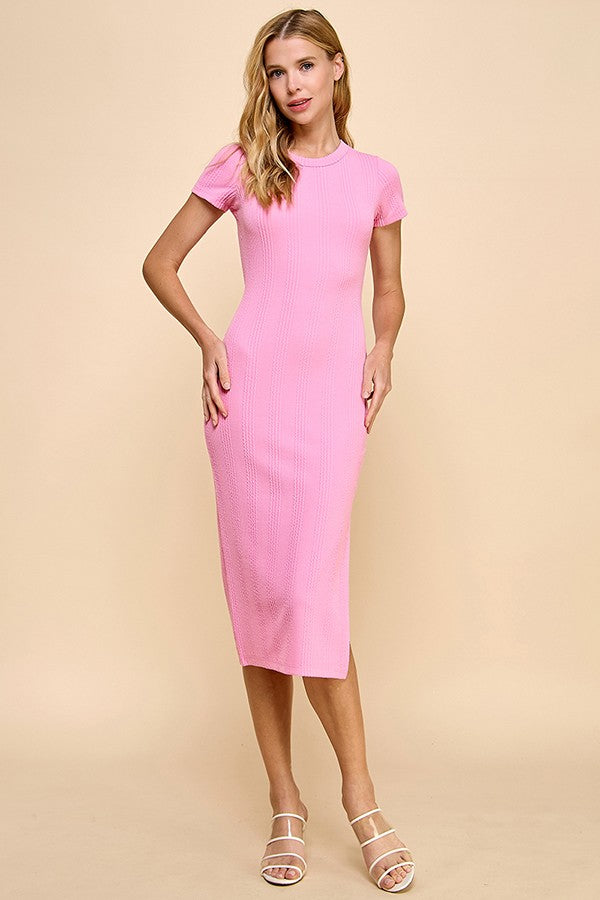Pink Crew Neck Bubble Knit Ribbed Maternity Midi Dress