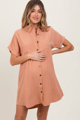 Peach Dolman Sleeve Linen Maternity Shirt Dress