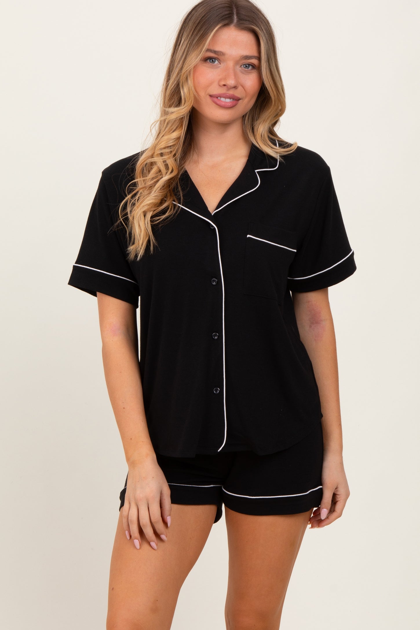 Black Short Sleeve Button Down Shirt Shorts Set