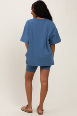 Blue Oversized V-Neck Biker Short Set