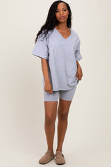 Heather Grey Oversized V-Neck Biker Short Maternity Set